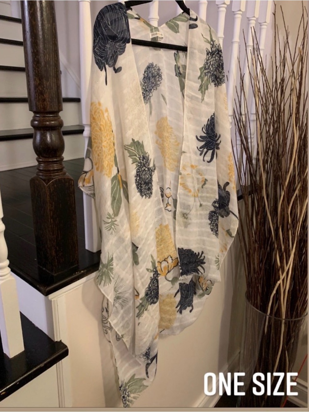 Woven Heart Floral Kimono Cover-Up in Cream, Yellow & Navy